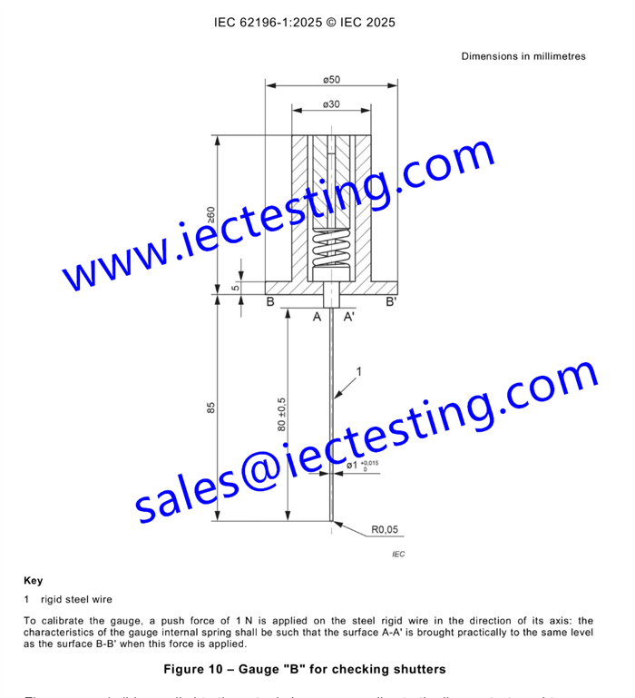 IEC 62196-1:2025 Figure 10 - Gauge "B" for checking shutters 1N