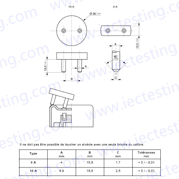 NF C61-314 C1 Gauge for checking impossibility of single-pole insertion of plugs