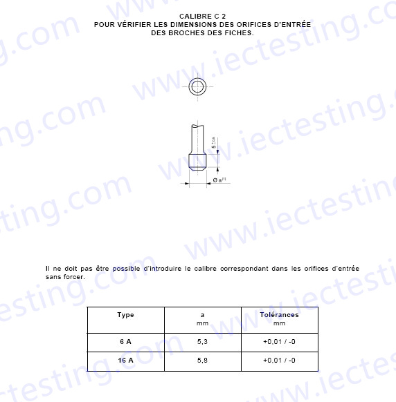 NF C61-314 C2 Gauges for size of entry holes for plug pins