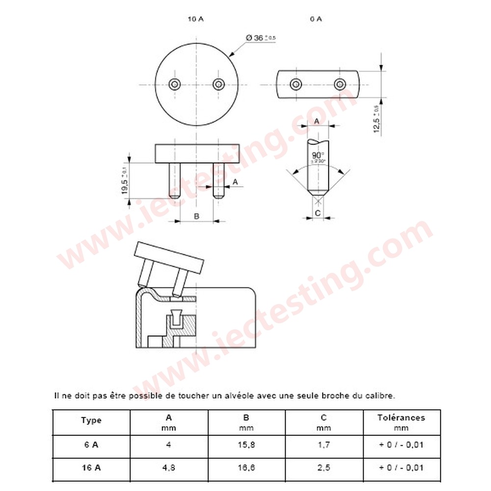 NF C61-314 C1 16A – 16A Gauge for checking impossibility of single-pole insertion of plugs (standard drawing, SC-NFC1-16A)