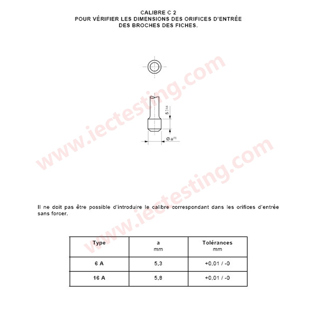NF C61-314 C2 16A – Gauges for size of entry holes for plug pins 16A 5.8mm (standard drawing, SC-NFC2-16A)