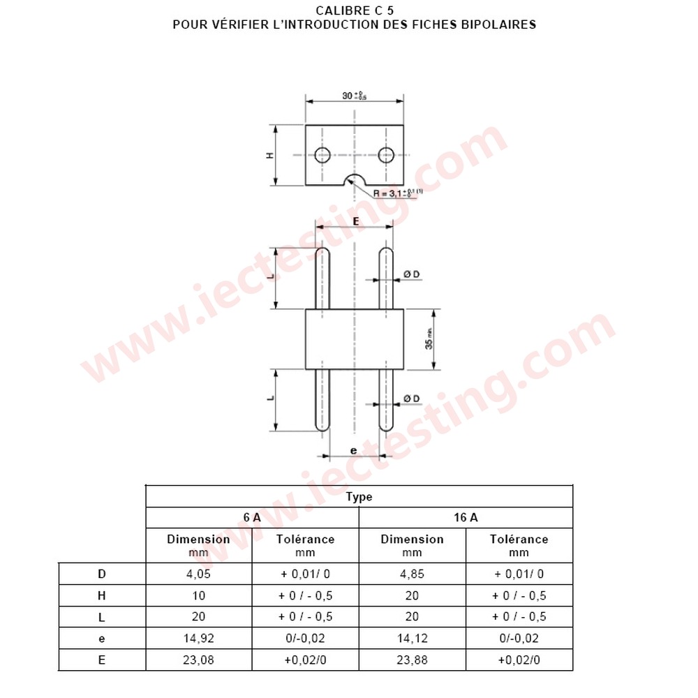 NF C61-314 C5 16A – Gauge for acceptance of two-pole plugs 16A (standard drawing, SC-NFC5-16A)