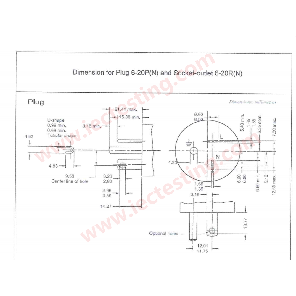 PNS 1486-1:1996 (IEC 60884-1) Dimension for Plug 6-20P(N) and Socket-outlet 6-20R(N)
