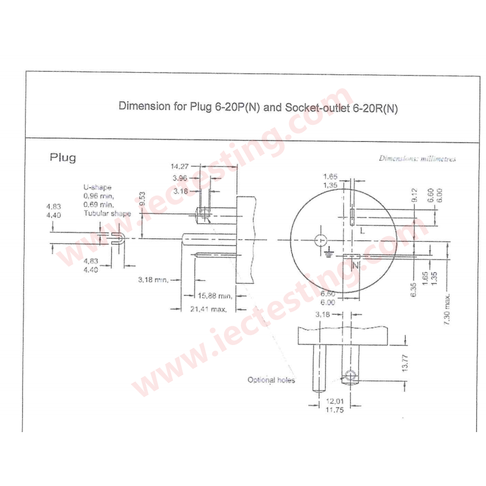 PNS 1486-1:1996 (IEC 60884-1) Dimension for Plug 6-20P(N) and Socket-outlet 6-20R(N)